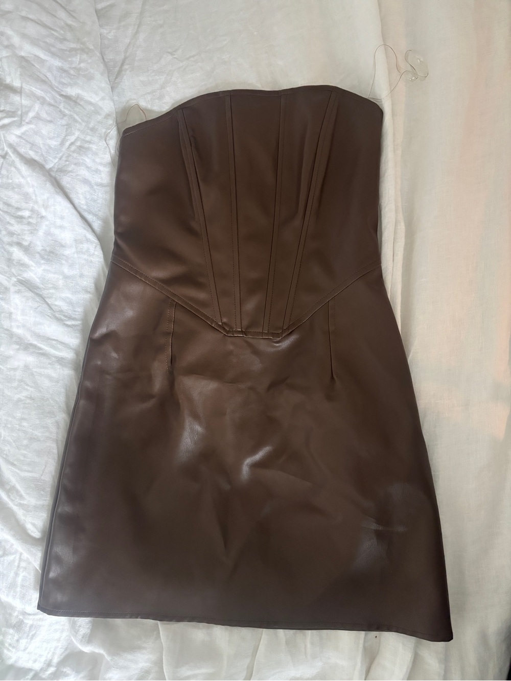 La Hearts Strapless Faux Leather Mini Dress in Brown